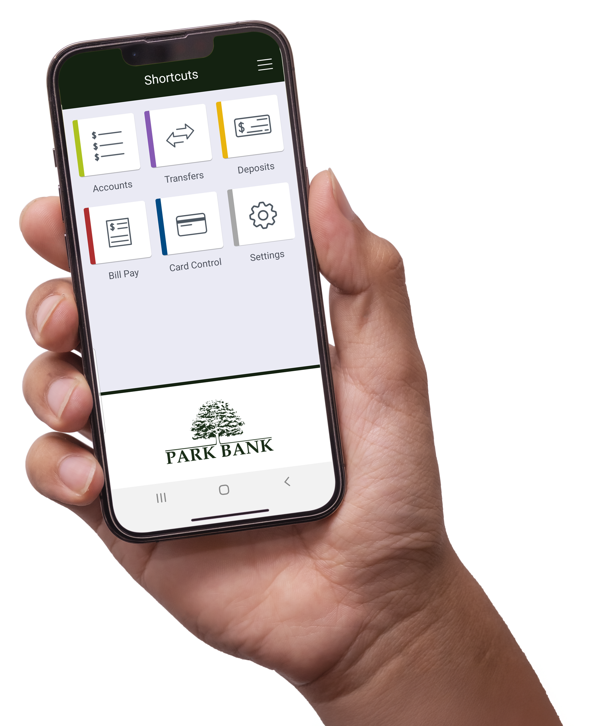 Person holding their phone with the Park Bank mobile app