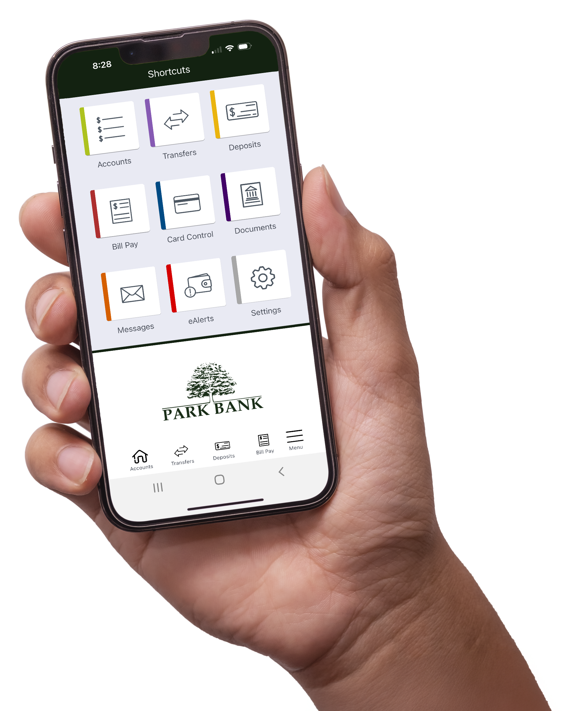 Person holding their phone with the Park Bank mobile app